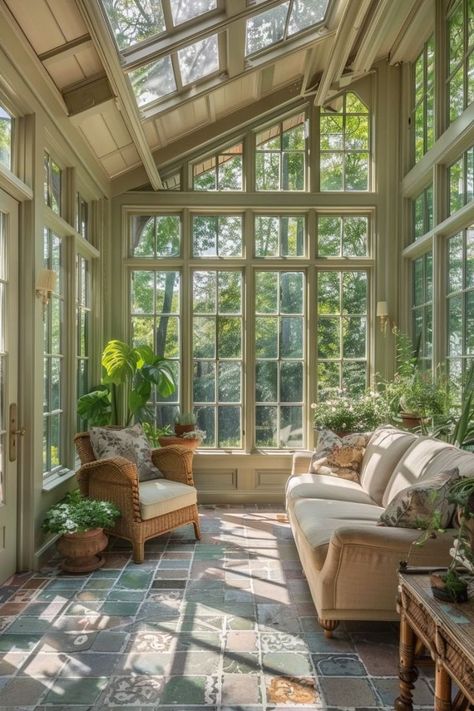 Serra Core, Sunroom Ceilings, Green Sunroom, House Veranda, Cozy Sunroom Ideas, Sunroom Remodel, Cozy Sunroom, Portico Design, Victorian Apartment