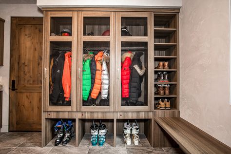 Custom build ski lockers with boot dryers. Whitefish, Montana #mountainhome #skilockers #bootdryers #mudroom #montanahome Ski Mud Room, Cabin Mud Room, Outdoor Gear Storage, Ski House Decor, Ski Locker, Gear Room, Ski Room, Chalet Design, Ski Storage