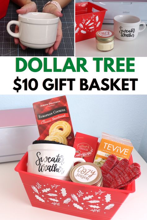 Create an inexpensive and cozy gift basket using items from Dollar Tree and Cricut vinyl Easy Cheap Gift Baskets Diy Christmas, Diy Cozy Gift Basket, Dollar Tree Housewarming Gift Ideas, Christmas Gift Baskets Dollar Tree, Inexpensive Christmas Gift Baskets, Diy Dollar Tree Basket Ideas, Diy Dollar Tree Gift Baskets, Dollar Store Christmas Gift Ideas, Cheap Fall Gift Basket Ideas