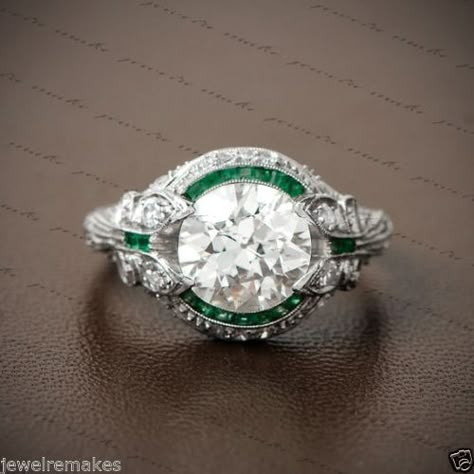 2-20ct-Round-Cut-White-Art-Deco-Vintage-Antique-Engagement-amp-Wedding-Silver-Ring Art Deco Engagement Ring Emerald, Rings Emerald, Antique Style Engagement Rings, Estate Diamond Jewelry, Bijoux Art Nouveau, Motif Art Deco, Art Deco Engagement, Art Deco Stil, Emerald Engagement