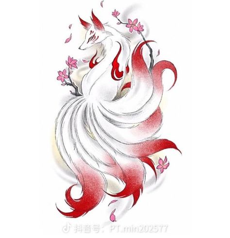 Norse Fox Tattoo, Spirit Fox Tattoo, Kitsune Tatoos, Traditional Kitsune Tattoo, 9 Tailed Fox Drawing, Ninetail Fox Tattoo, Ninetales Tattoo, Nine Tailed Fox Drawing, Gumiho Tattoo