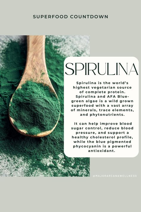 Superfood: Spirulina | Major Arcana Wellness | Spirulina is the world’s highest vegetarian source of complete protein. Spirulina and AFA blue-green algae is a wild grown superfood with a vast array of minerals, trace elements, and phytonutrients. It can help improve blood sugar control, reduce blood pressure, and support a healthy cholesterol profile, while the blue pigmented phycocyanin is a powerful antioxidant and more. Follow @majorarcanawellness for more superfoods and health inspo! Blue Spurilina Benefits, Spirulina Benefits For Women, Blue Spirulina Benefits, Spirulina Vs Chlorella Benefits, Benefits Of Blue Spirulina, Health Benefits Of Spirulina, Spirulina Benefits, Blue Spirulina Powder, Greens Superfood