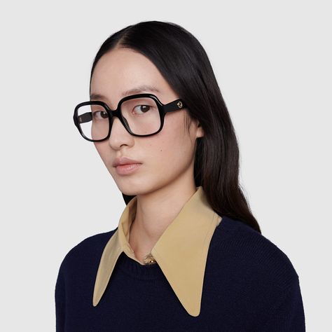 Square optical frame in black acetate | GUCCI® US Gucci Eyeglasses, Havana Color, Gucci Glasses, Gucci Eyewear, Cat Eye Frames, Sunglass Lenses, Eyewear Design, Optical Frames, Womens Glasses