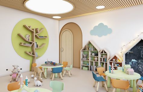 Image may contain: indoor, table and chair Bloxburg Daycare, Daycare Design Ideas, Kindergarten Decor, Education Design Interior, Children Playroom, Daycare Rooms, Kindergarten Interior, Preschool Designs, Educational Architecture