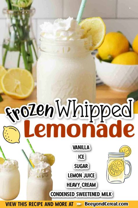 This frozen whipped lemonade recipe is the thing that will keep you going this summer. During those brutal heatwaves, this refreshingly tangy and creamy cold drink is perfect for laying back and enjoying the rays or the air conditioner. Whipped Lemonade, Strawberry Margaritas, Simple Syrup Recipes, Milkshake Recipe, Drink Recipes Nonalcoholic, Lemonade Drinks, Frozen Lemonade, Lemonade Recipe, Lemonade Recipes