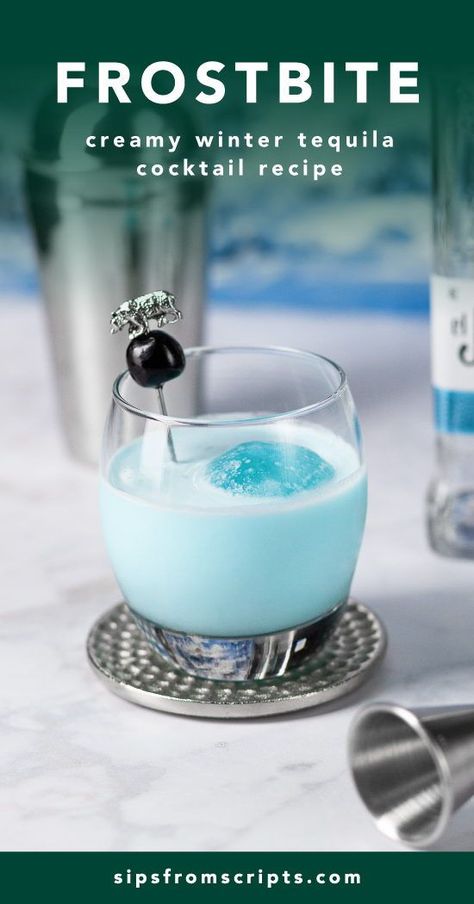 Yule Drink Recipes, Jack Frost Winter Cocktail, Snow Day Drinks Alcohol, Frostbite Drink, January Alcoholic Drinks, Winter Themed Alcoholic Drinks, Blue Winter Drinks, Elf Inspired Cocktail, Cocktails For Cold Weather