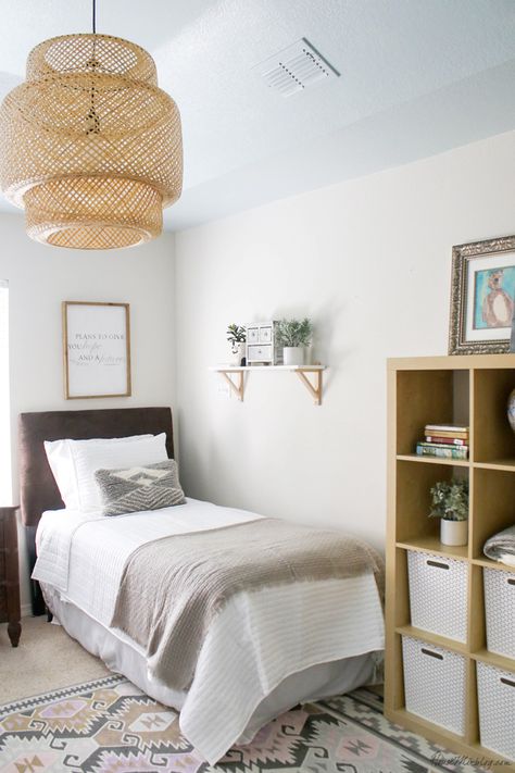 Guest Room With Twin Beds, Blue Ceiling Bedroom, Neutral Guest Room, Ikea Girls Room, Ikea Light Fixture, Twin Beds Guest Room, Blue Ceiling, Murphy Bed Ikea, Modern Murphy Beds