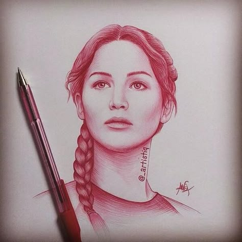 Hunger Games Drawings, Ballpoint Drawing, Drawings Of Women, Pen Arts, Stylo Art, Drawing Pics, Biro Art, Hunger Games Fan Art, Ballpoint Pen Art