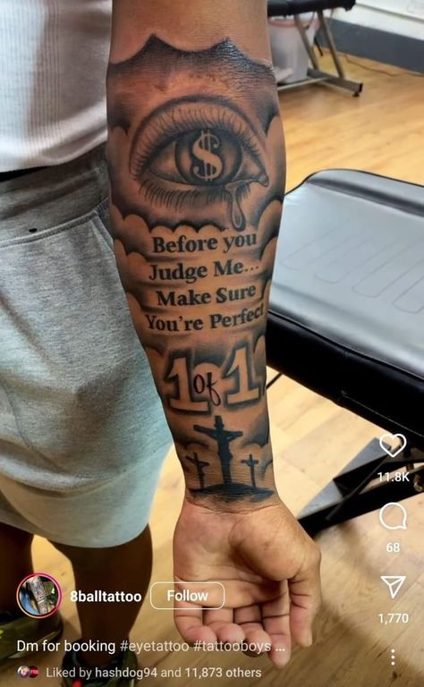 Good Forearm Tattoos, Picture Tattoos Men, Male Quote Tattoos, Back Tattoos Ideas For Guys, Nice Tattoo For Men Arm, My Family’s Keeper Tattoo Ideas, Inside The Arm Tattoo For Men, Hear No Evil See No Evil Tattoo Boondocks, Tattoo Ideas Forearm Guys