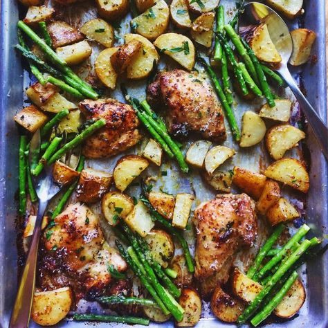 Honey Dijon Chicken Thighs w/ Roasted Potatoes and Asparagus Honey Dijon Chicken Thighs, Roasted Potatoes And Asparagus, Roasted Chicken Potatoes, Dijon Chicken Thighs, Honey Dijon Chicken, Mustard Chicken Thighs, Potatoes Asparagus, Potatoes And Asparagus, Chicken Thighs Dinner