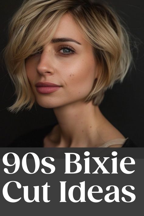 Woman with a short, wavy blonde bob looking straight ahead. Text below reads: "90s Bixie Cut Ideas". 90s Choppy Bob, Tousled Pixie Haircut, Bixie 90s Haircut With Bangs, Short 90s Bob, 90s Short Layered Hair, Wavy Pixie Bob, 90’s Bob, "bixie" Haircut, Blond Pixie Cut