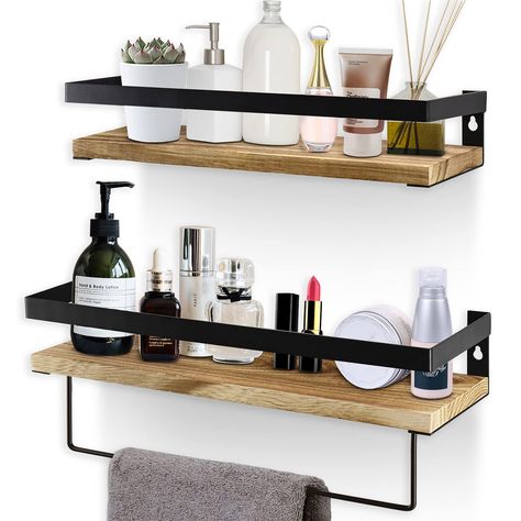 Bathroom Shelf With Towel Bar, Shelves Over Toilet, Bathroom Towel Storage, Bathroom Shelves Over Toilet, Rustic Wood Floating Shelves, Wall Storage Shelves, Black Floating Shelves, Kitchen Spice Racks, Laundry Room Shelves