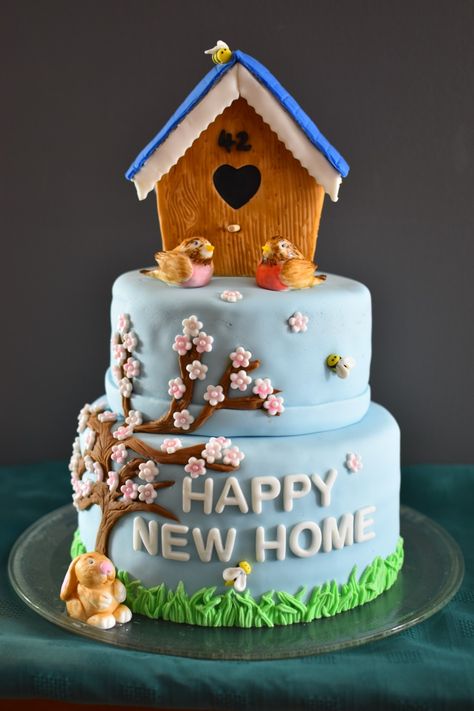 Happy New Home Cake - my first attempt at a fondant-covered cake (a lot of room for improvement haha) Cakes For House Warming Party, House Warming Cake Design, House Warming Cakes Designs, House Blessing Cake, House Blessing Cake Design, New Home Cake Ideas, New Home Cake Designs, New House Cake Ideas, Housewarming Cake Ideas