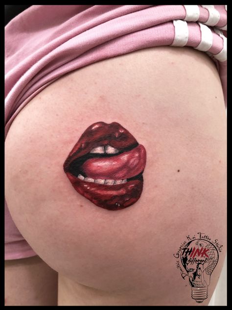 Snack Tattoos For Women, But Cheek Tattoos For Women, Tongue Tattoo Design, Kissy Lips Tattoo, Lips Tattoo Design, Under Buttcheek Tattoo Women, Lust Tattoo, Lip Tattoo Ideas, Red Lips Tattoo