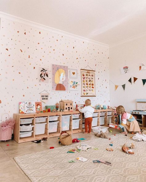 10 Kids' Playrooms You'll Want to Show Off! Muscle Flexing, Ikea Playroom, Slow Sunday, Playroom Wallpaper, Kids Play Toys, Floating Bookshelves, Kids Playroom Decor, Kids' Playroom, Playroom Storage