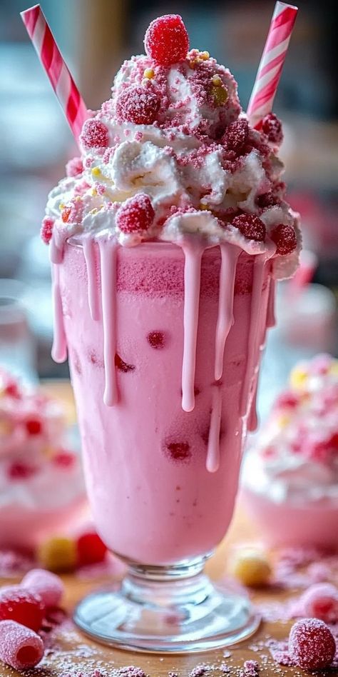 Get ready for a sweet explosion of flavors! Our Pink Candy Freakshakes combine creamy milkshake with a mountain of candy toppings, perfect for those who love all things sugary! 🎀�🍭 Pink Milkshake, Ice Cream Pink, Strawberry Syrup, Strawberry Milkshake, Dessert Lover, Strawberry Ice Cream, Sugar Rush, Pink Candy, Whipped Cream