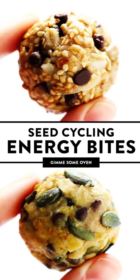 This simple Seed Cycling Energy Bites recipe is a delicious way to eat the daily serving of seeds recommended to help naturally balance women's hormones. Naturally gluten-free, easy to make, and delicious too! | gimmesomeoven.com #healthy #snack #hormones #health #glutenfree #vegan #breakfast #seedcycling Recipes For Seed Cycling, Vegan Hormone Balancing Meals, Seed Cycling Desserts, Snacks For Hormone Balance, Seed Cycling Energy Balls, Seed Cycle Hormones, How To Eat Seeds Daily, Vegitaren Lunch Recipes, Seed Cycling Recipes Balls