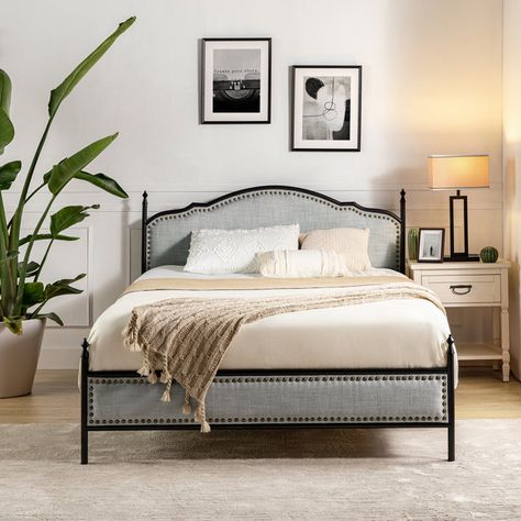 Lark Manor Alaja Upholstered Platform Bed with Metal Legs | Wayfair Contemporary Platform Bed, Queen Platform Bed Frame, Headboard Shapes, Platform Bed With Headboard, Bed With Headboard, High Beds, Velvet Living Room, Queen Platform Bed, Four Poster