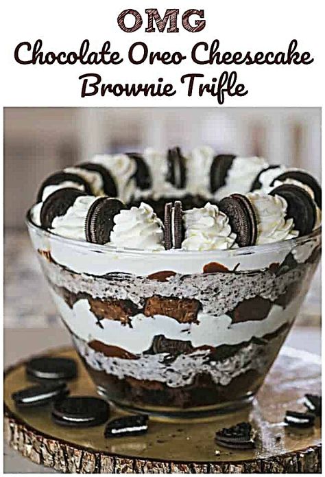 This stunning trifle is jam-packed with everybody's favorite oreo cookies, rich chocolate ganache, cocoa fudgy brownies, fluffy oreo cheesecake and creamy, fluffy luscious layers of whipped cream.   OMG Chocolate Oreo Cheesecake Brownie Trifle - OMG Chocolate Oreo Cheesecake Brownie Trifle #foodjunky #foodsg #recipeideas #foodography #foodnetwork #foodbeast #foodpornshare #recipemodification #recipeofstyle #recipesbyyou #foodadventures #fooditaly #fooddiary #foodiepics #FoodStylist Trifle Bowl Desserts, Chocolate Oreo Cheesecake, Trifle Bowl Recipes, Trifle Dessert Recipes, Brownie Trifle, Cheesecake Brownie, Chocolate Oreo, Trifle Desserts, Oreo Recipes