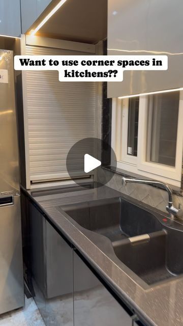 Interior Designer on Instagram: "Rolling Shutters🧑‍🍳 . . . . Roller shutters provide a elegant feel with great functionality becoming main attraction of your kitchen. They leave your kitchen transformed and reward it with the luxury of space. The range ensures easy workability, smooth motion and unhindered access to the storage items while you work. They can be used in a variety of ways including but not limited to storing: small crockery, small oven, air fryers, etc.  . . #kitchendesign #kitchen #rollingshutter #rollingshutterdoor #kitchenware #kitchenrenovation #kitchenofinstagram" Oven Space In Kitchen, Small Kitchen Oven Ideas, Corner Shutter Kitchen, Kitchen Interior For Small Spaces, Kitchen Roller Shutter Cabinet, Roller Shutter In Kitchen, Kitchen Store Room Ideas, Kitchen Store Room Ideas Indian, Kitchen Shutter Cabinets