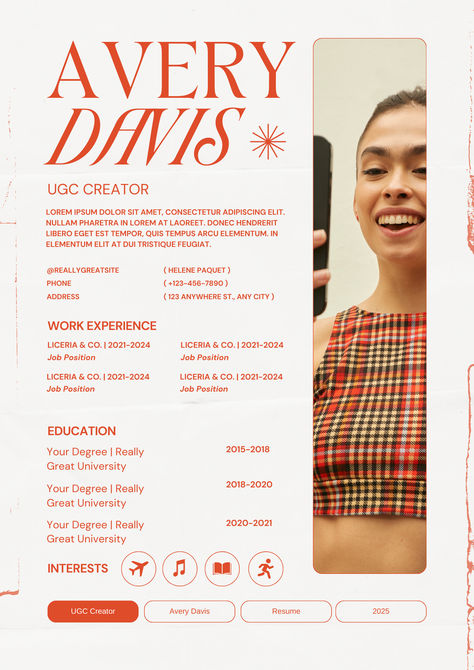 Canva Editable UGC Resume #resume #free #editable #ugc ugccreator #cv #freetemplate Cv Presentation Design, Graphic Design Resume Layout, Cv Design Creative Professional, Resume Graphic Designers, Resume Design Creative Graphic Designers, Cv Graphic Designers, Resume Layout Design, Cute Resume, Cv Design Template Free