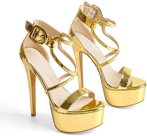 Gold Stiletto Heels, Gold Stilettos, Clear High Heels, Criss Cross Sandals, Platform Stilettos, Ankle Strap Pumps, Stiletto Sandals, Open Toe Sandals, High Heels Stilettos