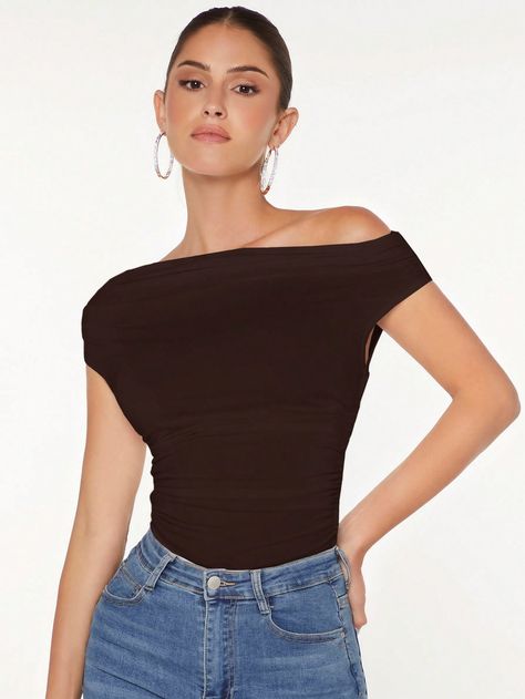 Asymmetrical Neck Ruched Tee, Going Out Top Chocolate Brown Casual  Cap Sleeve Knitted Fabric Plain  Medium Stretch  Women Clothing, size features are:Bust: ,Length: ,Sleeve Length: Mesh Shirt Outfit, Mesh Shirt, Casual Cap, Going Out Tops, Brown Top, Color Marron, Tshirt Outfits, 2024 Fashion, Fashion Gallery