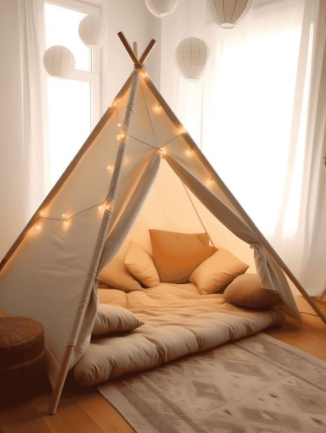 Princess Palace Retreat: Craft a regal tent room with a canopy bed, crystal chandeliers, and a vanity fit for a princess. Tent In Room, Room Tent Ideas, Tent Beds For Kids, Tent In Bedroom, Bed Tent Diy, Kids Tent Bed, Tent House Decoration, Reading Tent For Kids, Tent Over Bed