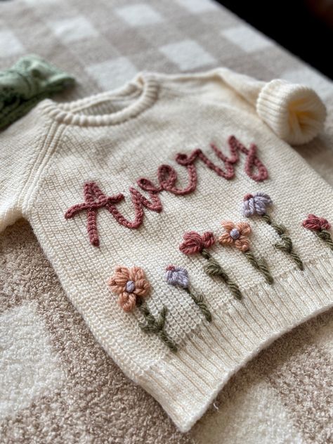 Cute hand embroidered custom  oversized knit baby sweater Toddler Knit Sweater, Knit Baby Sweater, Baby Jumpers, Embroidered Stockings, Basic Hand Embroidery Stitches, Pull Bebe, Knit Baby Sweaters, Pull Oversize, Embroidery Sweater