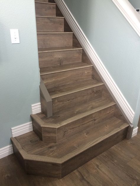 Stair Flooring Ideas, Laminate Flooring On Stairs, Brown Laminate Flooring, Laminate Stairs, Basement Bathroom Remodeling, Brown Laminate, Installing Laminate Flooring, Remodel Basement, Cheap Flooring