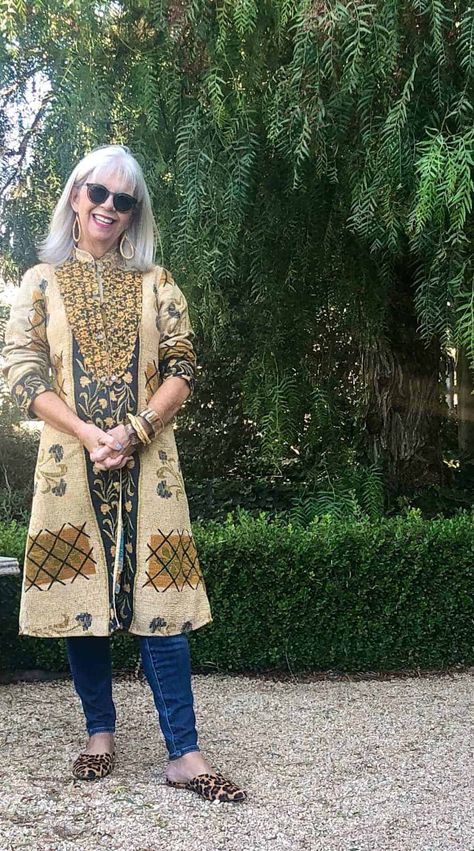 How to Wear a Statement Jacket Over 50 - Cindy Hattersley Design Jackets Over Dresses, Advanced Fashion, Cindy Hattersley, Kantha Jacket, New Jeans Style, Statement Jacket, Advanced Style, 50 Style, Weekly Outfits