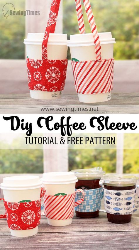 DIY Coffee Sleeve Holder - Free Pattern | Reusable Cup Holder Sewing Tutorial [sewingtimes] Coffee Cup Holder Diy, Diy Coffee Sleeve, Cup Sleeve Pattern, Coffee Sleeve Pattern, Reusable Coffee Sleeve, Carrier Pattern, Coffee Cups Diy, Coffee Holder, Sleeve Holders