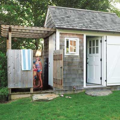 Cape Remodel: Small Fixes, Lots More Function - This Old House Backyard Accessories, Small Shed, Outside Showers, Pool Shed, Pool Bathroom, Pool Cabana, Outdoor Remodel, Shore House, Outdoor Bath