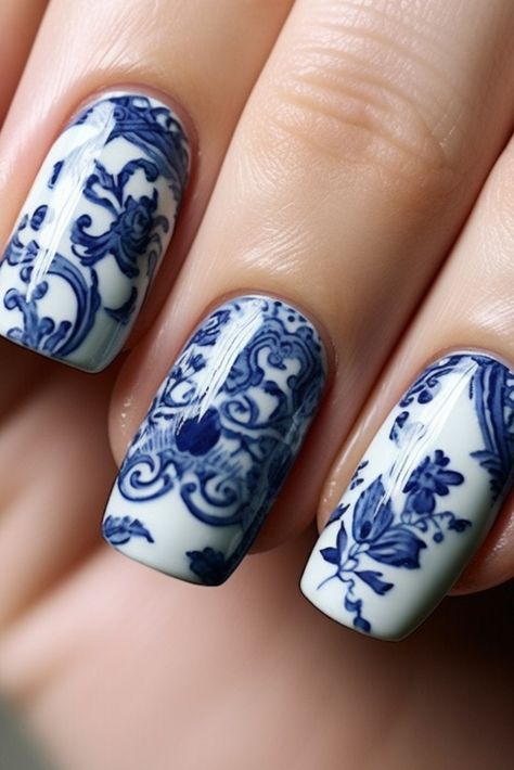 Tranquil Waters: Experience Blue and White Nails That Calm Blue And White China Pattern Nails, Classe Azul Nails, China Blue Nails, Blue Willow Nails, Nail Stamp Designs Ideas, Blue And White Porcelain Nails, Blue Porcelain Nails, Blue And White China Nails, Toile Nails