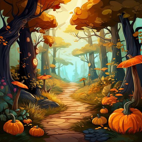 Herbstspaziergang im Zauberwald Magical forest Zicxa.com Autumn Forest Illustration, Ipad Backgrounds, Winding Path, Calendar Art, Fantasy Town, The Enchanted Forest, Fall Months, Rp Ideas, Into The Forest