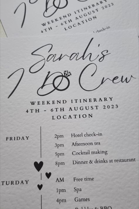 Hen party itinerary
Hen weekend itinerary
I do crew weekend plans
A5
Hammered white card
Can personalise to suit any requirements Hen Weekend Itinerary, Hen Do Itinerary, Hen Weekend Ideas, Bridal Shower Itinerary, Weekend Aesthetic, Party Itinerary, I Do Crew, Hen Weekend, England Trip