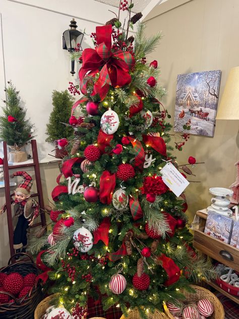 Shop this look and all other ornaments at devries Inc. Christmas Tree Cardinal Theme, Cardinal Bird Christmas Tree, Cardinal Christmas Tree Theme, Christmas Tree With Cardinals, Redbird Christmas Tree, Cardinal Themed Christmas Tree, Cardinal Christmas Tree Ideas, Red Cardinal Christmas Tree, Creative Christmas Tree Ideas