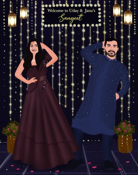 Sangeet Background Illustration, Sangeet Caricature Couple, Sangeet Couple Illustration, Sangeet Illustration, Sangeet Invitation Cards Template, Sangeet Caricature, Groom Illustration, Sikh Wedding Card, Couple Wedding Invitation