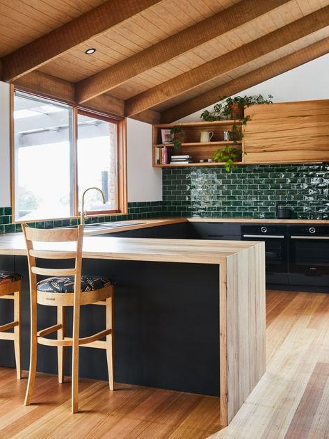 Recycled Solid Timber Benchtops Melbourne, Sydney & Brisbane Oak Kitchen Benchtop, Kitchen Island Benches, Butchers Block Island, Timber Benchtop Kitchen, Wooden Benchtop, Green Shaker Cabinets, Timber Benchtop, Block Countertops, Dark Green Kitchen