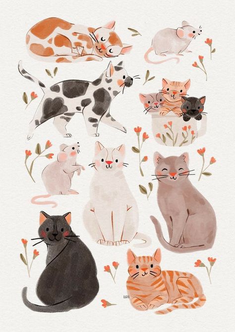 Cute Cats Painting, Cat Watercolor Illustration, Cat And Mouse Illustration, Tiny Cat Painting, Cute Mouse Doodle, Cat In Flowers Drawing, Tabby Cat Doodle, Cats Watercolor Paintings, Cat Flower Illustration