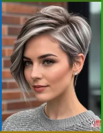 Coloured Grey Hair, Brunette Silver Balayage Ash Blonde, Brown And Silver Hair Short, Balayage Gray Blending, Gray Hair Transition Short Hairstyles, Black Lowlights In Gray Hair, Short Hair With Silver Highlights, Smokey Ash Grey Hair Balayage, Greying Brunette Hair