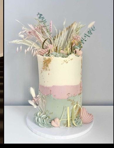 30th Birthday Cake Pink And Gold, Pastel Colour Cake Birthday, Sage And Pink Cake, Dried Flower Cake Topper, Pastel Theme Cake, Sage And Gold Cake, Pink And Sage Baby Shower Ideas, Sage Green And Pink Cake, Pastel Pink Birthday Cake