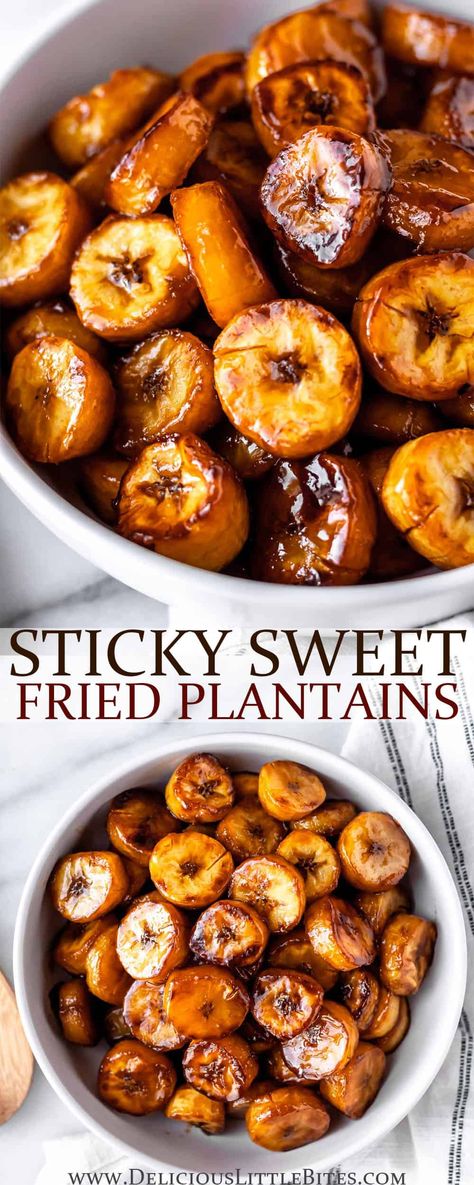 Sticky Sweet Fried Plantains - Plantains are notorious for bringing a taste of the islands to any meal. This easy recipe give you sweet fried plantains that are an extra sweetened up version. They are equally as great as a side dish or as dessert! | #plantains #sweetplantains #friedplantains #sweetfriedplantains #maduros Deep Fried Plantains, Sweet Plantain Empanadas, Colombian Plantain Recipe, Best Plantain Recipe, Cooking Plantains Easy Recipes, Baked Sweet Plantains, Vegan Sweet Plantain Recipes, Carmelized Plantain Recipes, Sweet Fried Plantains Recipes