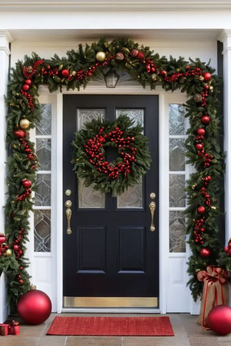 Greet guests with handmade door decorations. Explore creative ideas to dress up your entrance for a joyful holiday welcome. Entry Door Christmas Garland, Main Door Christmas Decor, Christmas Decorations Door Entrance, Front Door Christmas Garland Ideas, Christmas Door Garland Ideas, Door Xmas Decoration, Simple Front Door Christmas Decor, Double Door Christmas Decor, Christmas Entrance Decor