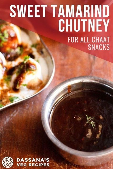 Sweet Chutney Recipe, Tamarind Chutney Recipe, Indian Chaat, Healthy Indian Snacks, Indian Cuisine Recipes, Fried Snacks, Indian Recipes Authentic, Tamarind Chutney, Pani Puri