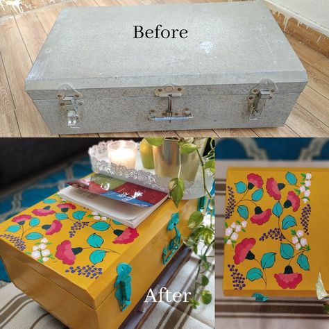 Old trunk to Brand new trunk transformation. Old Trunk Ideas Repurposed Diy, Old Trunk Decor, Diy Old Trunk Makeover, Old Trunk Painting Ideas, Metal Box Painting Ideas, Old Box Decor Ideas, Painted Trunk Ideas, Trunk Box Decor, Old Trunks Makeover