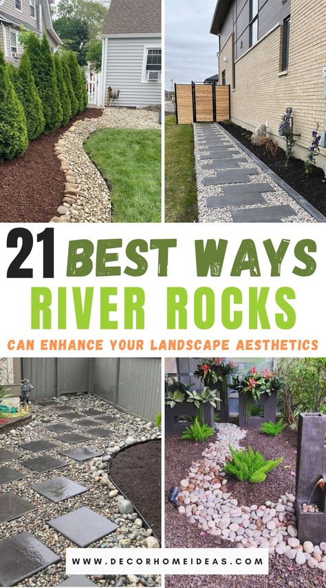 Elevate your outdoor oasis with these 21 river rock landscaping ideas. From pathways to garden borders, these versatile stones add texture, visual interest, and a touch of natural beauty to your outdoor space. River Rocks Landscaping Edging, River Rock Path, Rock Walkway, Rock Flower Beds, Modern Gardening, Rock Yard, Garden Rock Border, Rock Border, River Rock Garden