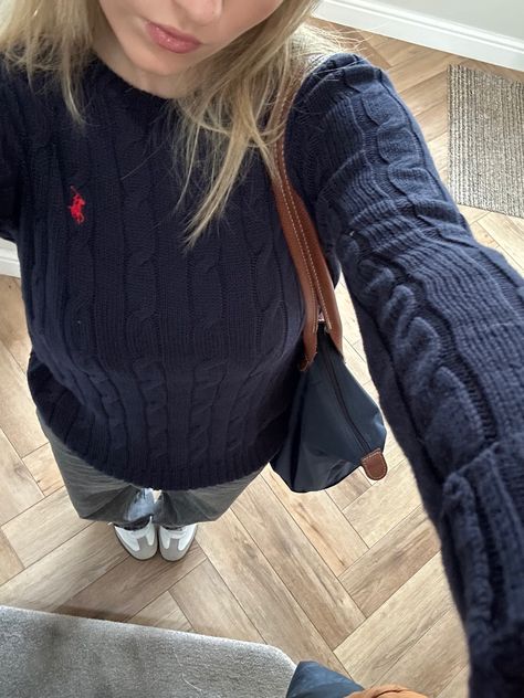 Ralph Lauren Jumper Outfit Women, Navy Blue Ralph Lauren Sweater Outfit, Navy Ralph Lauren Sweater Outfit, Blue Ralph Lauren Sweater Outfit, Ralph Lauren Jumper Outfit, Polo Sweater Outfit Women, Ralph Lauren Cable Knit Sweater Outfits, Ralph Lauren Outfits Women, Polo Ralph Lauren Women Outfits