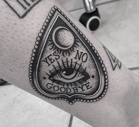 Gothic Planchette Tattoo, Ouija Planchette Tattoo Traditional, American Traditional Planchette Tattoo, Gothic Eye Tattoo, Ouji Tattoos, Planchet Tattoo, Oujia Board Tattoos, Spooky Hand Tattoos, Coffin Tattoo Ideas