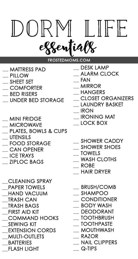 Student Checklist, Dorm Room Essentials List, College Dorm Checklist, Dorm Room Checklist, Dorm Checklist, Room Checklist, Ideas For Bedrooms, College Dorm Room Essentials, Dream Dorm